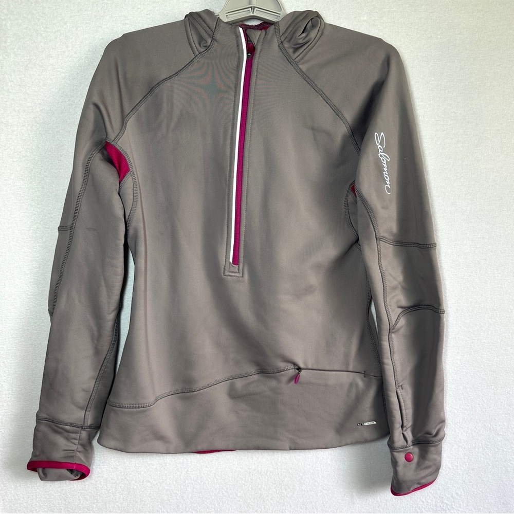 Salomon Half 1/2 Zip Hoodie Pullover Women's M Gray Pink Fleece Thermal Pockets
